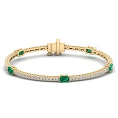 This exquisite emerald and diamond bracelet is a true statement piece, showcasing the stunning combination of vibrant emeralds and sparkling diamonds in a twist on the classic tennis bracelet. Crafted with precision and attention to detail, this bracelet is the perfect accessory for any special occasion or formal event Metal: 14K Gold Setting Type: Prong Rhodium Finish: Yes, on White Gold Gemstone Details: Gemstone: Emerald Shape: Emerald Cut Average Dimensions: 5.00 x 3.00 MM Quantity: 05 Avera Elegant Yellow Gold Emerald Tennis Bracelet, Elegant Green Emerald Cut Diamond Bracelet, Elegant Green Diamond Bracelet With Prong Setting, Elegant Green Diamond Tennis Bracelet, Elegant Green Diamond Bracelet With Accents, Elegant Green Bracelet With Diamond Accents, Elegant Green Bracelets With Diamond Accents, Dance Jewelry, Birthstone Gifts