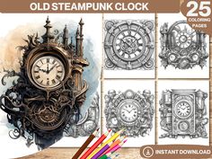 an old steampunk clock is shown with colored pencils