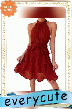 Red Halter Sleeveless Ruffled Hem Mini Dress Dresses By Length, Mini Dresses, Women Dresses, Women's Fashion Dresses, Dresses Mini, Short Dresses, Fashion Dresses, Shop Now, Mini Dress