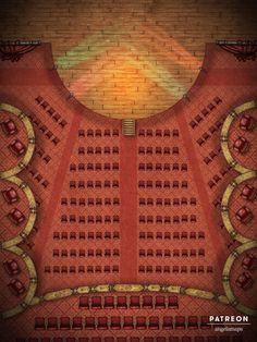 an overhead view of the auditorium with rows of seats in front of a brick wall