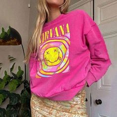 Nirvana Smiley Face Sweatshirt – Luxandluxy Nirvana Sweatshirt, Nirvana Smiley Face, Ootd School, Modern Preppy, Basic Girl, Sweatshirt Style, Preppy Girl, Grunge Look, Hoodie Outfit