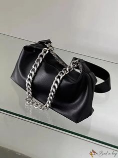 BirdinBag - Black PU Minimalist Hobo Bag with Double Chain Straps - A Stylish Womens Accessory Black Baguette Bag With Chain Strap, Modern Everyday Baguette Bag With Chain Strap, Black Square Shoulder Bag With Chain Strap, Modern Black Shoulder Bag With Chain, Black Square Shoulder Bag With Chain, Elegant Black Baguette Bag With Chain Strap, Black Rectangular Shoulder Bag With Chain, Black Rectangular Baguette Bag With Chain Strap, Modern Black Shoulder Bag With Chain Strap