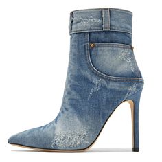 Step out in style with these Blue Patchwork Denim Boots. Featuring a pointed toe and stiletto heel, these booties are a chic addition to your wardrobe for a fashionable look. Material: Denim Color: Blue Heel Type: Stiletto heel Heel height: 4.72" / 120 mm approx Product measurements were taken using size 8. Please note that measurements may vary by size. Toe: Pointed toe Zipper design makes it easier to wear on Patchwork-denim upper design Handcrafted US sizing. Fits true to size. Denim Blue Pointed Toe Boots, Chic Denim Blue High Heel Boots, Fitted Denim Boots With Pointed Toe, Denim Pointed Toe Boots For Party, Denim Blue Pointed Toe Party Boots, Party Denim Blue Pointed Toe Boots, Chic Denim Blue Boots For Fall, Fitted Denim Heels For Fall, Chic Fitted Denim Blue Boots