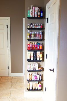 the shelves are filled with different types of personal care products and shampoos on them