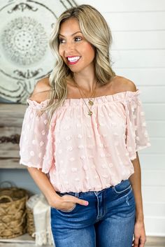 Pink Off The Shoulder Swiss Dot Crop Blouse Feminine Polka Dot Tops For Summer, Long Sleeve Shirt Outfits, Beach Office, Pink Long Sleeve Shirt, Off The Shoulder Blouse, Office Travel, Pretty Hair, Swiss Dot, Crop Blouse