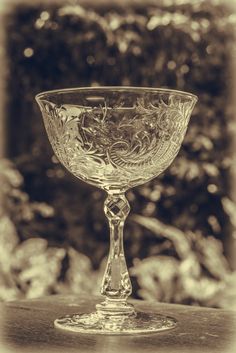 an old fashioned glass goblet sitting on top of a wooden table in front of a tree