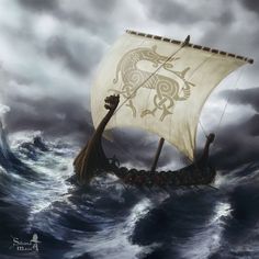 a boat in the ocean with a dragon on it's side, surrounded by waves