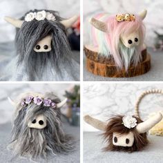 four pictures of stuffed animals with flowers in their hair