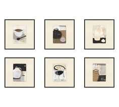 four framed photographs with different items in them on a white background, each containing a coffee cup and saucer