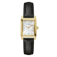 This sleek Sutton women's watch from Bulova features a 21mm gold-tone stainless steel case and a silver dial featuring three diamonds hour markers and gold-tone hands and indexes. Additional features of the watch include a domed mineral crystal, and water resistance to 30 meters. The black leather strap secures in place with a buckle clasp. Tank Watch, Jared The Galleria Of Jewelry, Women Wrist Watch, Women's Watch, Black Watch, Minerals Crystals, Stainless Steel Case, Gold Watch, Fashion Watches