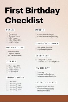 the first birthday checklist is shown in black and white