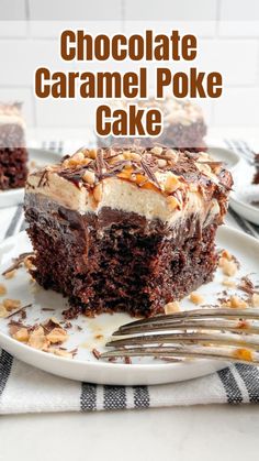 a piece of chocolate caramel poke cake on a plate with a fork next to it