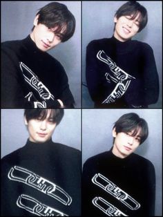 four pictures of the same person wearing a black shirt with white letters on it and holding scissors in their hands