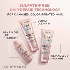 L'Oreal Paris EverPure Bond Repair hair care system with citric acid repairs and strengthens color treated, damaged, and fragile hair while leaving hair soft. Prior to shampoo, prep with Bond Repair Pre-Shampoo Concentrate to further penetrate inside the hair cortex to rebuild weak bonds. Scientifically proven to strengthen hair and reduce breakage. Leading prestige routine based on NPD full year data. 100% Sulfate Free Shampoo and Conditioner, Paraben Free, No Harsh Salts, No Harsh Surfactants, Conditioner Packaging, Chemically Damaged Hair, Treat Damaged Hair, Heat Damaged Hair, Hair Care Kit, Vegan Hair Care, Weak Hair, Shampoo And Conditioner Set, Strengthen Hair