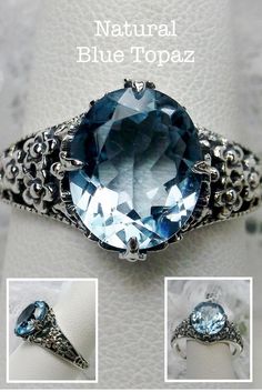 Natural Blue Topaz Ring/ Solid Sterling Silver/ 4ct Oval Natural Sky Blue Topaz, Silver Cameo Floral Leaf Filigree [Custom Made] Design#62 Leaf Filigree, Sky Blue Topaz Ring, Blue Gemstone Rings, Sky Blue Topaz, Filigree Design, Engraved Items, Blue Gemstones, Blue Topaz Ring, Silver Filigree