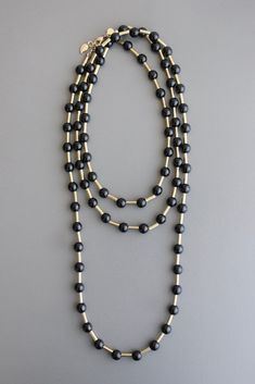 TLD160 Black Long Single Strand Necklace, Elegant Multi-strand Long Necklace With Large Beads, Elegant Black Multi-strand Long Necklace, Elegant Black Lariat Long Necklace, Modern Black Lariat Jewelry, Modern Black Lariat Necklace, Black Multi-strand Layering Jewelry, Black Beaded Chain Long Necklace, Beauty Clothes