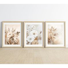 three framed pictures with flowers on them in an empty room next to a wooden floor