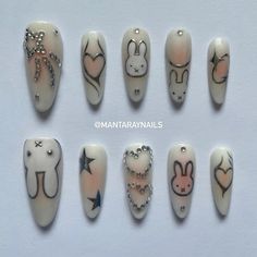 White Rabbit Alice In Wonderland Nails, White Rabbit Nails, Pink White Silver Nails, Miffy Nails, Hard Gel Nails, White And Silver Nails, Bunny Nails