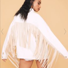 Never Worn, Brand New, White Fringe Jean Jacket! Trendy Spring Fringe Outerwear, Trendy Fringe Outerwear For Spring, Casual Fringe Outerwear For Spring, Chic Outerwear With Fringe, Chic Long Sleeve Outerwear With Fringe, Chic Spring Outerwear With Fringe, Chic Fringed Outerwear For Spring, Chic Fringe Outerwear For Spring, Long Sleeve Fringe Outerwear For Spring