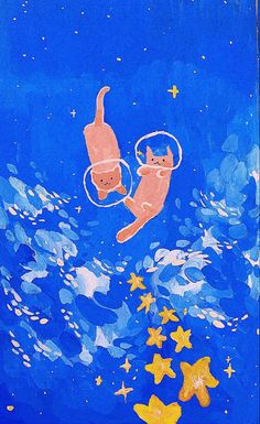 a painting of two cats floating in the water with stars around them and one cat is upside down