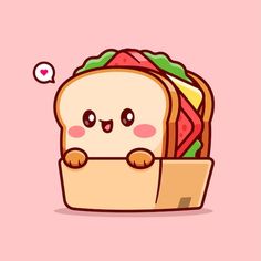 a sandwich with eyes and hands sticking out of it's side, on a pink background