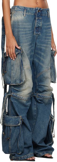 Wide-leg non-stretch denim cargo pants. Fading throughout. · Low-rise · Belt loops at elasticized waistband · Five-pocket styling · Button-fly · Pleats and self-tie straps at knees · Bungee-style drawstring at cuffs · Bellows pockets at outseams · Adjustable cinch strap at back waistband · Logo-engraved brass-tone hardware · Contrast stitching in orange Supplier color: Sand wash Blue Lilly, Denim Cargo Pants, Awesome Tattoos, Denim Cargo, Color Sand, Cargo Jeans, Contrast Stitch, Accessories For Women, Luxury Streetwear