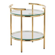 a glass and brass side table with two shelves