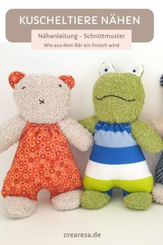 three stuffed animals sitting next to each other in front of a white background with the words kuschelitere nahen