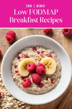 a bowl of oatmeal with raspberries and banana slices on top