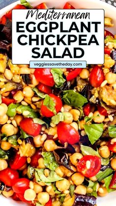 an eggplant chickpea salad in a white bowl with text overlay