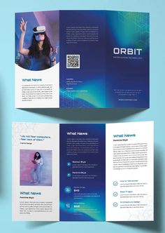 a blue brochure with an image of a woman in virtual glasses on it