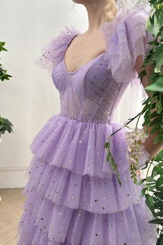 Corset Straps Tiered Star Tulle Lavender Midi Dress