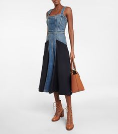 Paneled Denim Midi Dress in Multicoloured - Chloe | Mytheresa Sleeveless Patchwork Denim Dress, Chic Dark Wash Sleeveless Midi Dress, Sleeveless Denim Midi Dress With Pockets, Chic Dark Wash Knee-length Midi Dress, Chic Knee-length Dark Wash Midi Dress, Sleeveless Dark Wash Workwear Dress, Dark Wash Sleeveless Dress For Work, Sleeveless Dark Wash Dress For Work, Denim Midi Dress