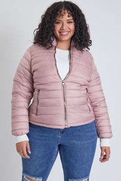 Junior Plus Fitted Puffer Jacket With Taffeta Sleeves Jp1672 Ymi Jeans, Winter Fit, Mauve Color, Olive Color, Layering Pieces, Winter Women, Puffer Jacket, Stay Warm, Front Zipper