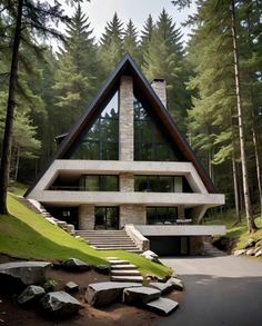 a house in the woods with stairs leading up to it's roof and windows