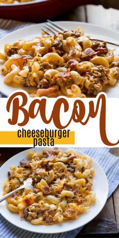 bacon cheeseburger pasta on a white plate