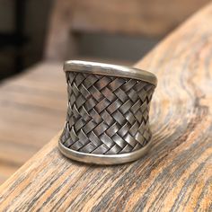 Woven Hilltribe silver wide band ring  Fits sizes 8 to 11 , this is an open back ring and it's adjustable  Approximately 23mm height Thai Karen Hill Tribe Silver contains 97-99% pure silver - higher than sterling silver's 92.5%. Higher silver content results in natural, lustrous texture and color. High-content silver is softer and easier to shape into beautiful, ornate styles. Using methods that have been passed down for generations, each piece has been individually handcrafted by skilled crafts Adjustable Wide Band Silver Rings, Adjustable Sterling Silver Wide Band Ring, Adjustable Silver Wide Band Ring Stamped 925, Handmade Silver Wide Band Ring With Open Design, Bohemian Wide Band Ring, Adjustable Wide Band Ring Stamped 925, Handmade Silver Wide Band Ring With Open Shape, Adjustable Thick Band Sterling Silver Ring, Silver Adjustable Wide Band Ring