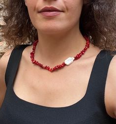 This stunning (feels like ocean) Red Coral and Pearl beaded necklace is great by itself or as a layering piece! It can be worn two sided, and it will absolutely add a stylish finishing touch to your look. It is very light to wear, great for casual days as well as dressed-up events. ● LENGTH: 16"/ 40 cm or 18" / 45 cm with a 2" / 5 cm adjustment chain. ● MATERIAL: High quality 925k Sterling Silver on chains (Hypoallergenic). Sterling Silver 925k, 22k Gold Fill or 22k Rose-Gold Fill Sterling Silve Single Strand Red Coral Necklace Gift, Single Strand Red Coral Necklace As Gift, Red Beaded Necklaces With Natural Stones For Gift, Red Necklaces With Natural Stones For Gift, Red Gemstone Beads Necklaces For The Beach, Coral Gemstone Necklace For Gift, Beach Jewelry With Red Gemstone Beads, Red Gemstone Bead Jewelry For The Beach, Beach Red Gemstone Beads Jewelry