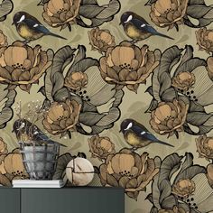 a wallpaper with flowers and birds on it