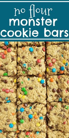 no flour monster cookie bars with chocolate chips and m & m candies on top