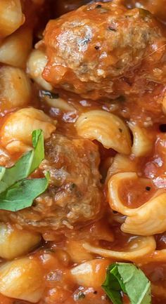 pasta with meatballs and sauce in a bowl