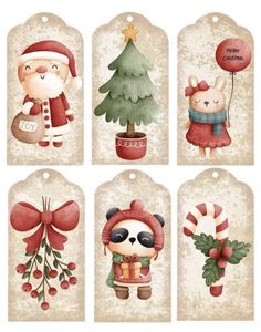 four tags with christmas decorations and santa clauss in the middle one has a teddy bear,