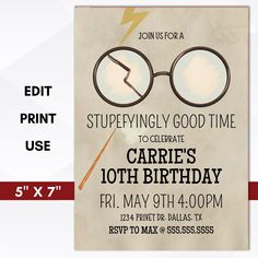 a harry potter birthday party poster with glasses and lightning bolt in the middle, on parchment paper