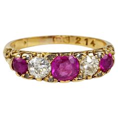 This very pretty antique Victorian period ring is 1890 ca. English origin – bearing hallmarks Traditional Victorian half hoop mount, beautiful hand carved details exalting the fabulous Diamond & Ruby setting Finely set with a composition of 3 natural Rubies, rich Red and untreated having not melted internal inclusions, approx 1.40 Ct total- most probably Burma our opinion judging from the colour Complementary Diamonds are old cut for .50 Ct total content – G/H VS/SI Good general condition slight wear on the stone surface visible under magnification Great addition Metal: 18 Kt yellow gold Hallmarks: English assay Gems: 3 oval faceted cut natural rubies totalling approx 1.40 Ct – 2 old European cut diamonds totalling approx .50 Ct UK size: K 1/2 US size: 5.5 Measures: head is 6 mm. x 19 mm. Colour Complementary, Victorian Period, Stone Surface, European Cut Diamonds, Ruby Diamond, Natural Ruby, Jewelry Rings Engagement, Antique Victorian, Beautiful Hand