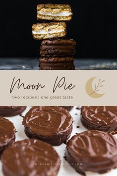 moon pies are stacked on top of each other with chocolate frosting in the middle