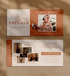 two gift vouchers with photos and words on them, one is for a woman