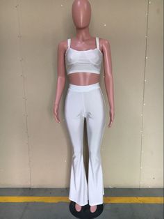 Sexy Crop Vest and Long Pants Two Pieces Set Stretch High Waist Sets For Summer, White Stretch Pants For Night Out, High Waist Solid Stretch Sets, Stretch High Waist Sets, Chic High Stretch Summer Pants, High Waist Stretch Sets In Solid Color, Chic High-stretch Summer Pants, Chic Stretch Sets For Club, High Stretch Summer Loungewear Pants