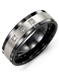 men's wedding band with diamonds in black ceramic and stainless steel, 8mm