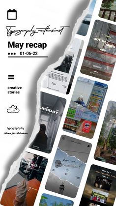 an advertisement for the may recap with images of buildings and people on them, including one person holding a cell phone