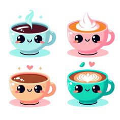 four cups of coffee with different faces and hearts on the top one is filled with hot chocolate